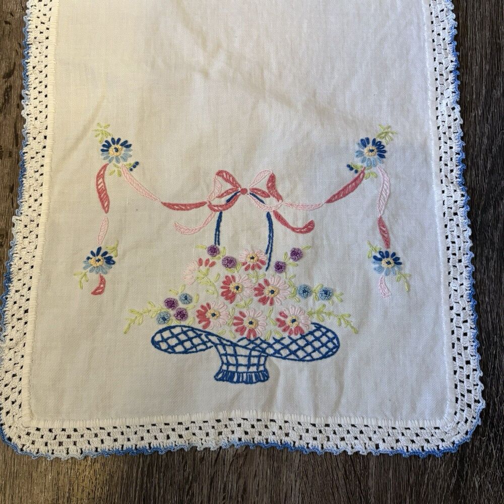 Embroidered Dresser Scarf Table Runner Vtg Basket Flowers Ribbon 30x13 White